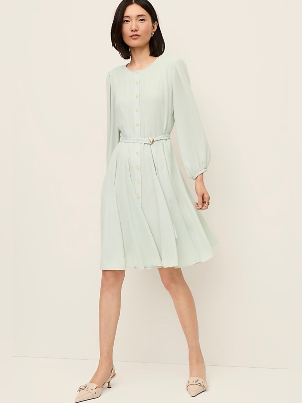Ann Taylor NWOT Mint Button-Front Belted Midi Dress